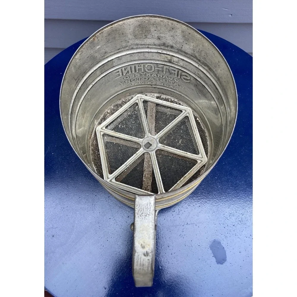 Vintage farmhouse kitchen steel Foley Sift-Chine sifter butter yellow bands